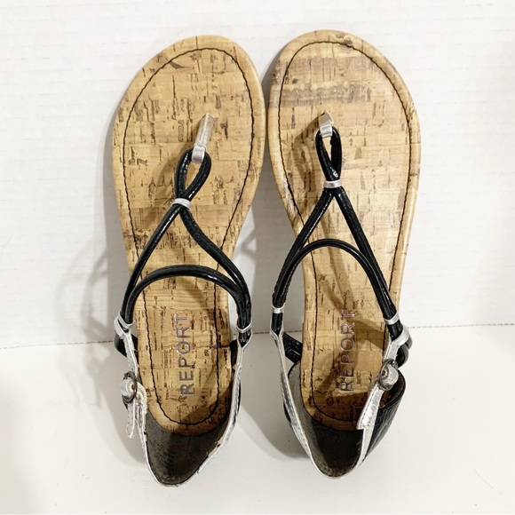 Report Cinda Faux Leather Faux Cork Thong Sandals Heel Back Adjust Ankle Straps - Picture 5 of 8